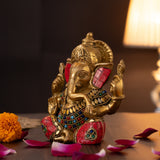 "Left Side angle of 6.5-inch Stonework Brass Ganesha Idol with intricate detailing"
