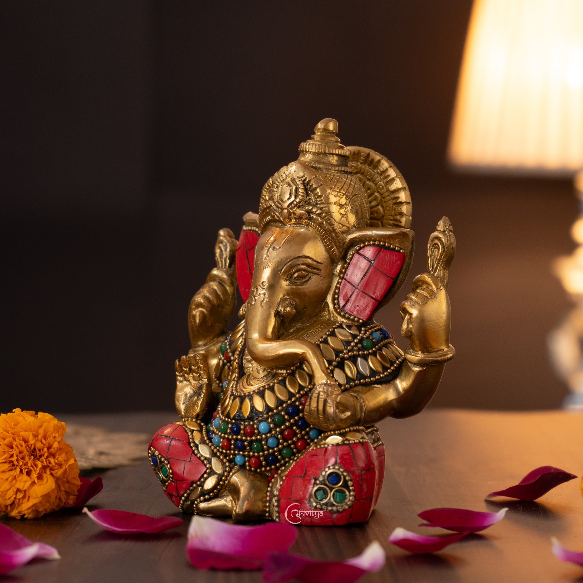 "Left Side angle of 6.5-inch Stonework Brass Ganesha Idol with intricate detailing"