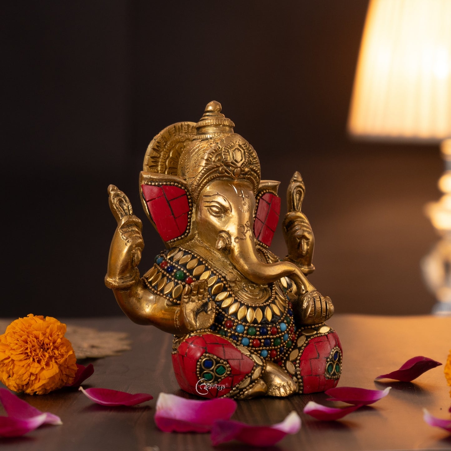 "Side angle of 6.5-inch Stonework Brass Ganesha Idol with intricate detailing"