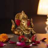 "Side angle of 6.5-inch Stonework Brass Ganesha Idol with intricate detailing"