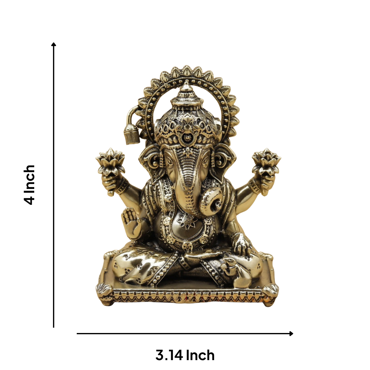 Dimension of brass Ganesha statue showing facial expression and intricate carving.