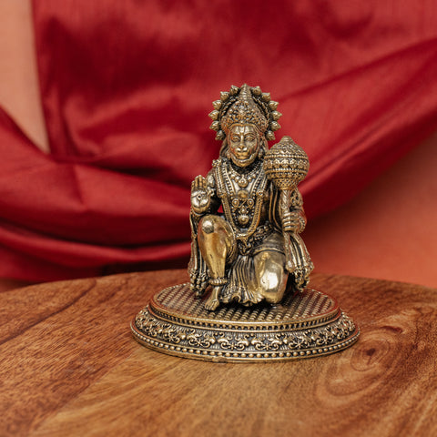 Super fine brass Hanuman statue in sitting posture with detailed ornaments and decorative base