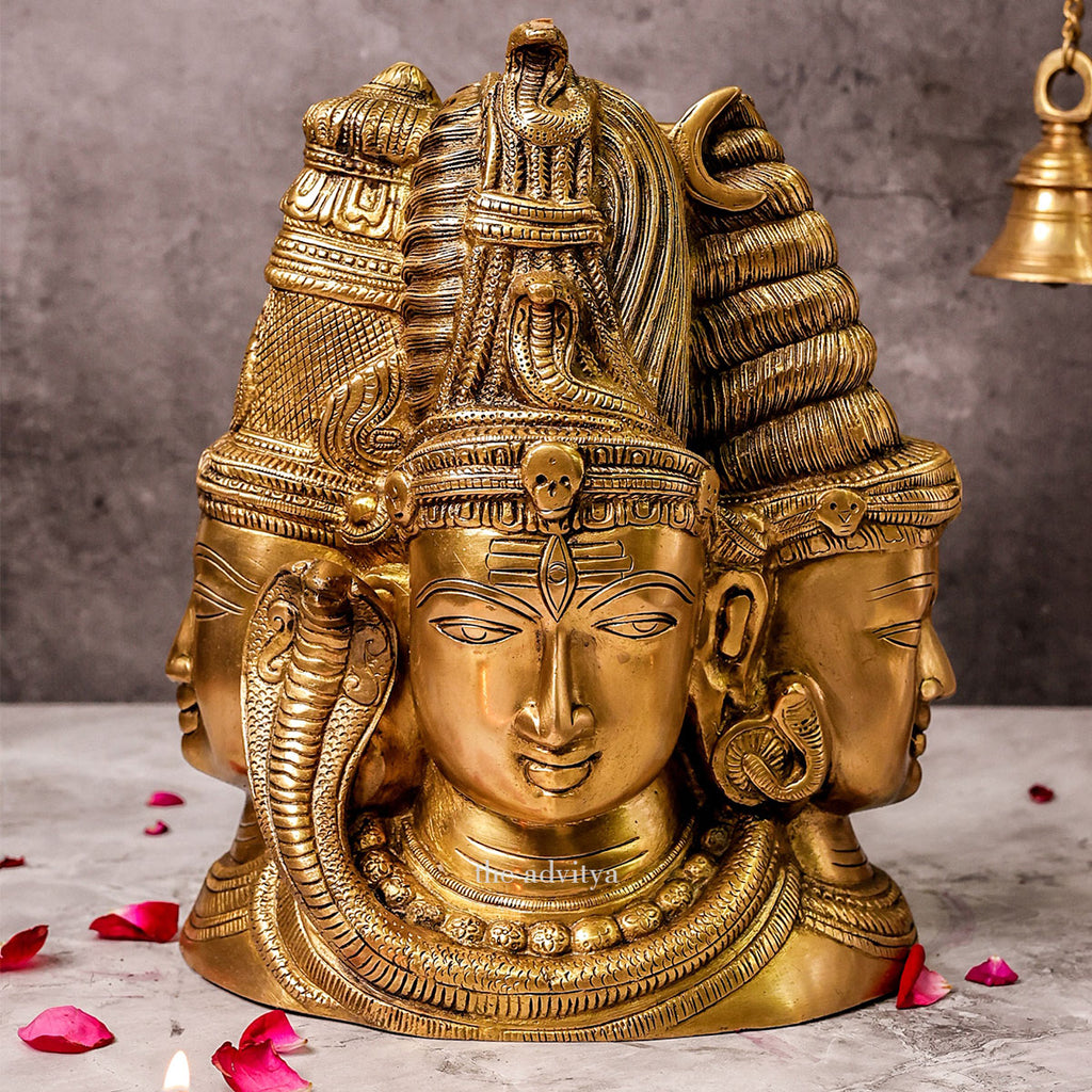 Front view of the Three Face Shiva idol behind Parvati for home temple décor.