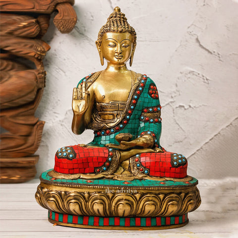 Brass Buddha Murti with mosaic work front view for Vastu decor.
