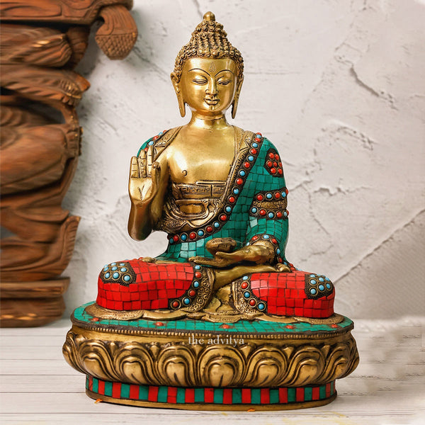 Brass Buddha Murti with mosaic work front view for Vastu decor.