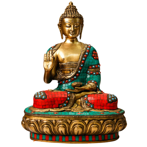 Traditional brass Buddha Murti in mosaic work front view.
