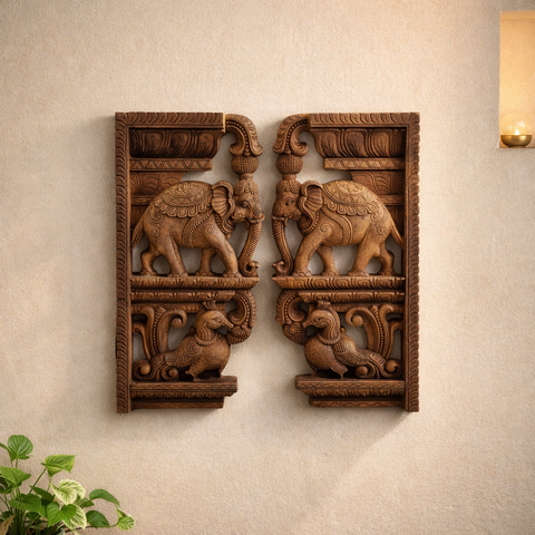 Traditional elephant and bird wall bracket in wood for home decor