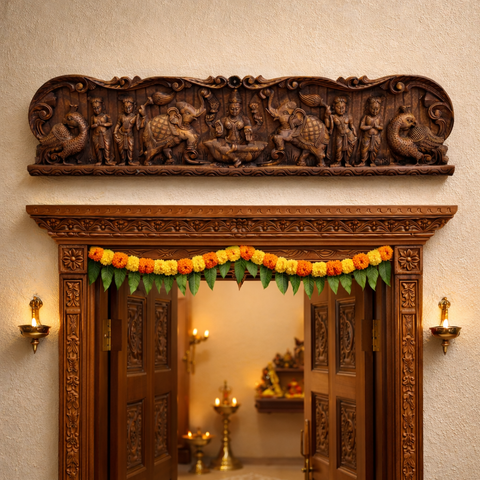 Traditional Gajalakshmi wall panel in wood with elephant design 12 inch
