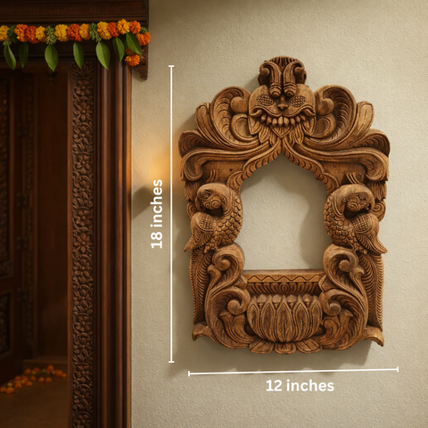 Traditional parrots lotus torana wall frame in wood 18 inch decor