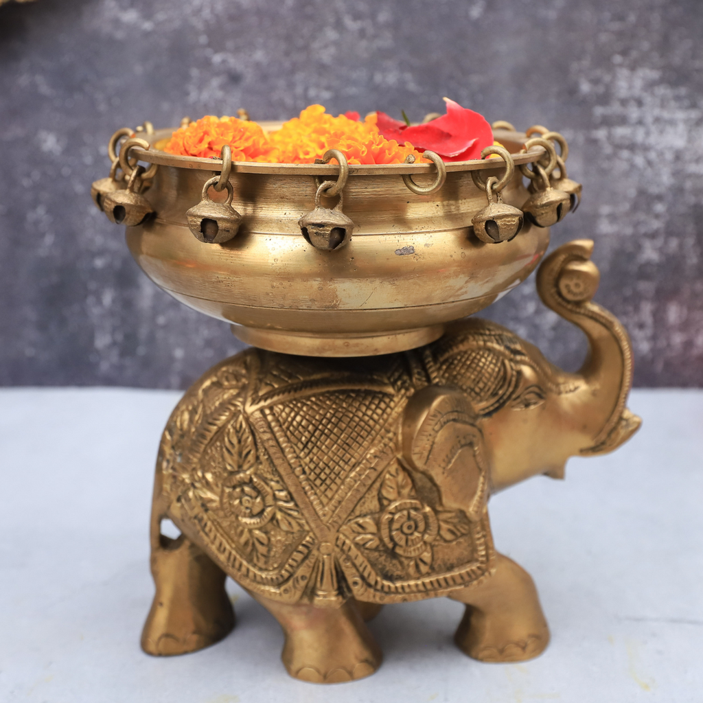 Brass Urli Bowl with Bells on Elephant