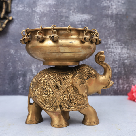 Brass Urli Bowl with Bells on Elephant