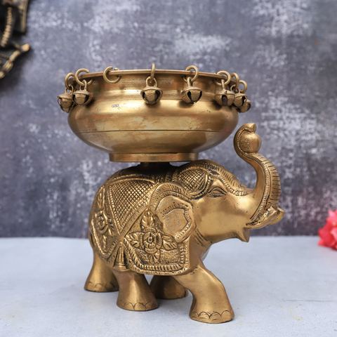 Brass Urli Bowl with Bells on Elephant