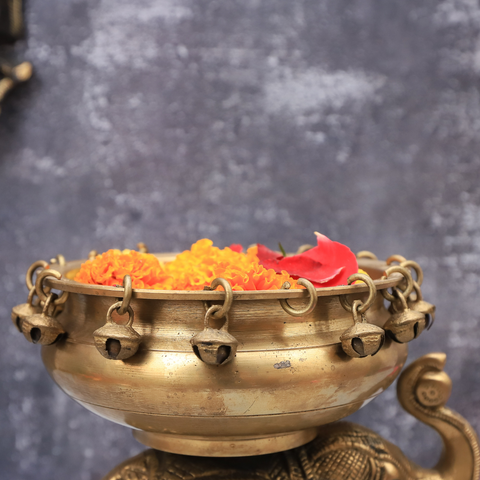 Brass Urli Bowl with Bells on Elephant