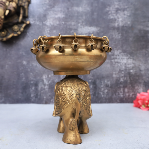 Brass Urli Bowl with Bells on Elephant