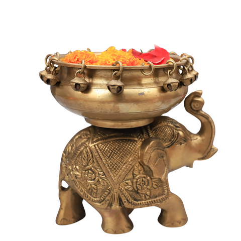 Brass Urli Bowl with Bells on Elephant