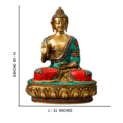 Mosaic brass Buddha Murti displayed dimension for peaceful home decor