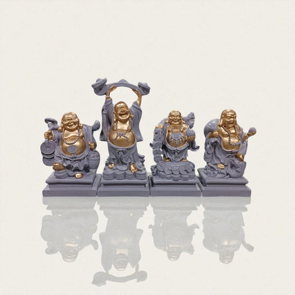 Set of 4 Resin Laughing Buddha Idols – Feng Shui Lucky Charm Figurines for Home & Office Decor, Wealth, Happiness & Prosperity Showpieces