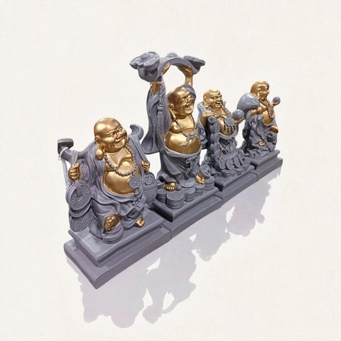 Set of 4 Resin Laughing Buddha Idols – Feng Shui Lucky Charm Figurines for Home & Office Decor, Wealth, Happiness & Prosperity Showpieces