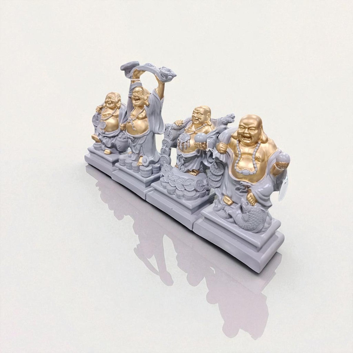 Set of 4 Resin Laughing Buddha Idols – Feng Shui Lucky Charm Figurines for Home & Office Decor, Wealth, Happiness & Prosperity Showpieces