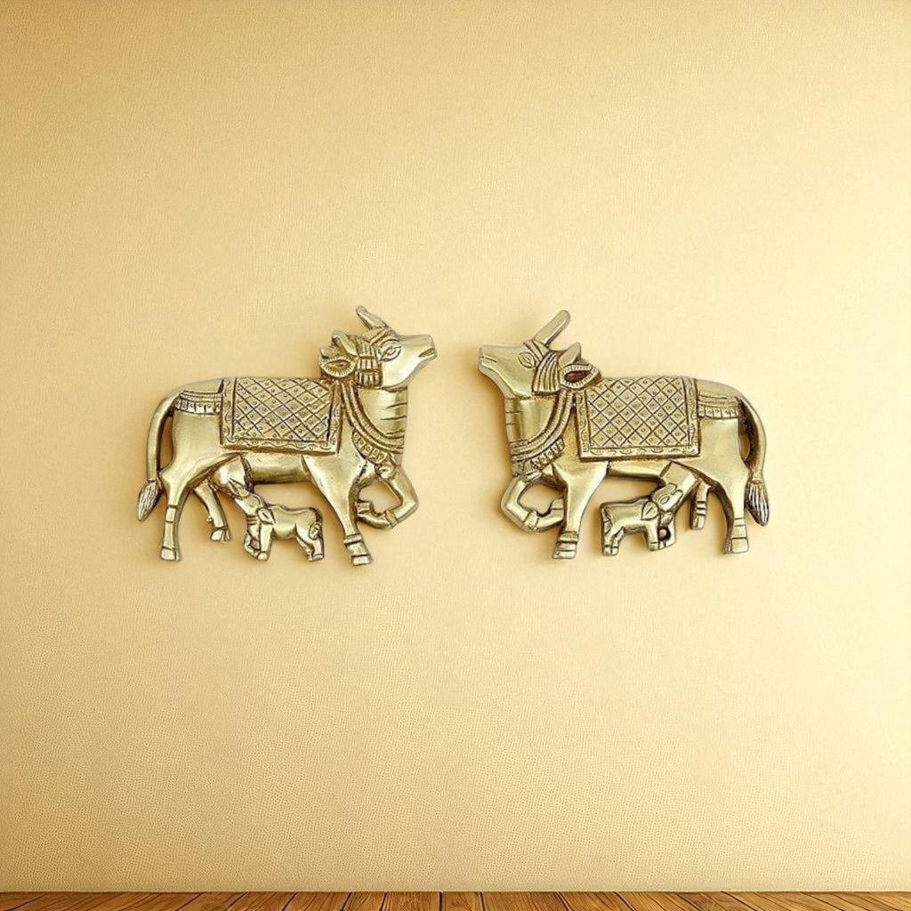 Brass Nandi Cow and Calf Wall Hanging – Traditional Indian Ethnic Home Decor Showpiece