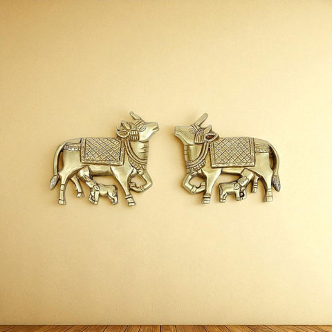 Brass Nandi Cow and Calf Wall Hanging – Traditional Indian Ethnic Home Decor Showpiece
