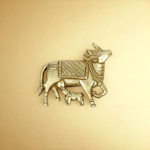 Brass Nandi Cow and Calf Wall Hanging – Traditional Indian Ethnic Home Decor Showpiece