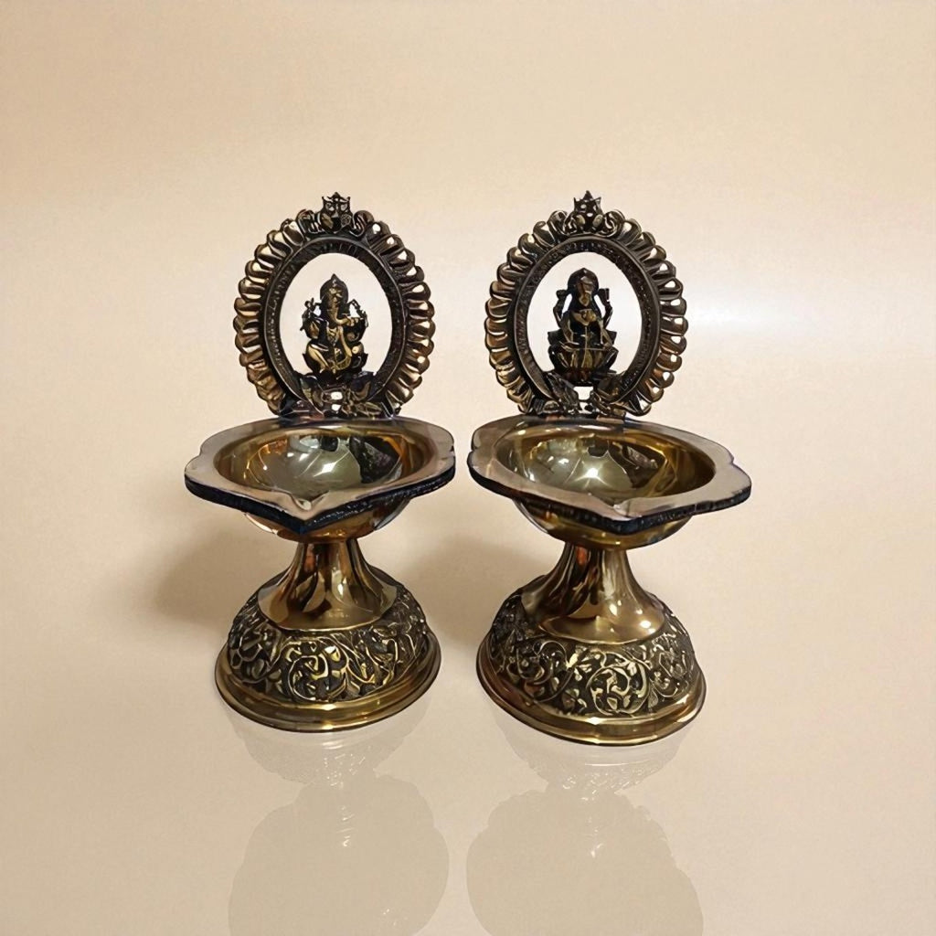 Traditional Superfine Brass Laxmi & Ganesh Deepam Pair| Pooja Oil Lamp for Home & Temple Décor (7.2 Inches, Pair )