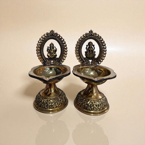 Traditional Superfine Brass Laxmi & Ganesh Deepam Pair| Pooja Oil Lamp for Home & Temple Décor (7.2 Inches, Pair )