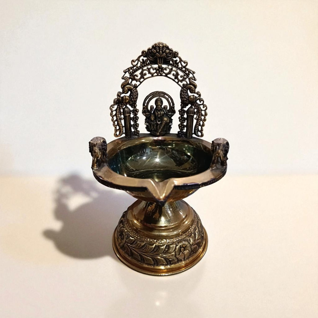 Traditional Superfine Brass Oil Diya with Goddess Lakshmi – Antique Finish Decorative Pooja Lamp  ( 7.5 Inch, Large )