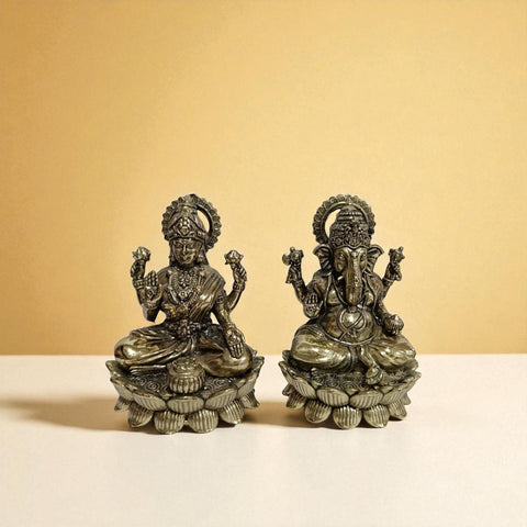 Superfine Brass Laxmi & Ganesh Idol on Lotus Base – Decorative Pooja Murti for Home & Office (4 Inch)