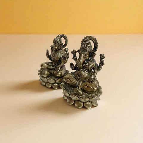 Superfine Brass Laxmi & Ganesh Idol on Lotus Base – Decorative Pooja Murti for Home & Office (4 Inch)