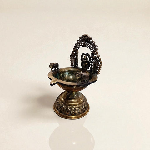 Traditional Superfine Brass Oil Diya with Goddess Lakshmi – Antique Finish Decorative Pooja Lamp  ( 7.5 Inch, Large )