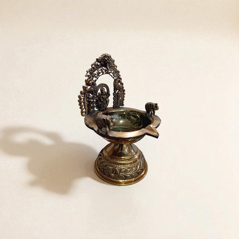 Traditional Superfine Brass Oil Diya with Goddess Lakshmi – Antique Finish Decorative Pooja Lamp  ( 7.5 Inch, Large )