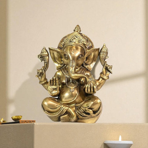 Brass Ganesha Statue in Sitting & Blessing Posture