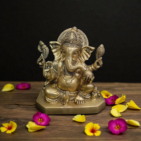 Brass Ganesha Statue with Shankh in Hand