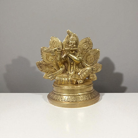 Brass Radha Krishna Idol with Flute & Peacock Feather Backdrop Design