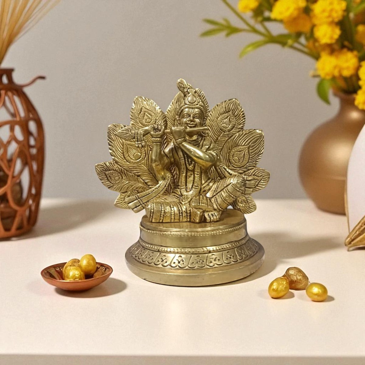 Brass Krishna Idol with Flute & Peacock Feather Backdrop Design