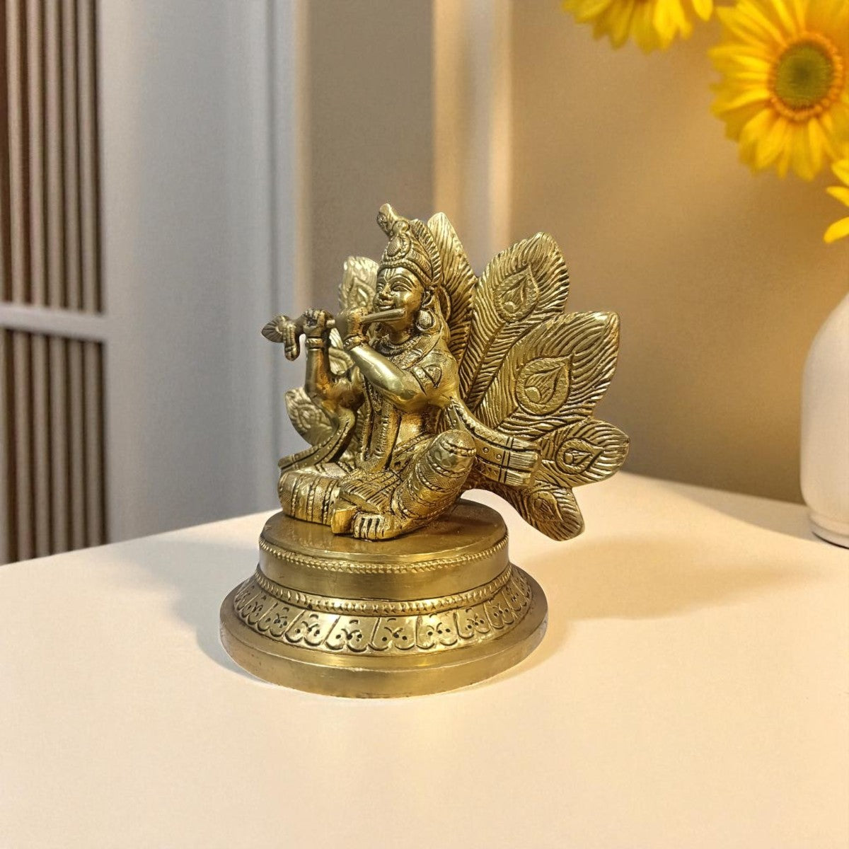 Brass Krishna Idol with Flute & Peacock Feather Backdrop Design
