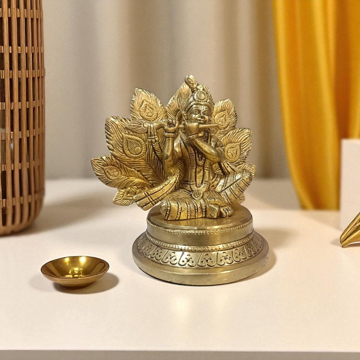 Brass Krishna Idol with Flute & Peacock Feather Backdrop Design