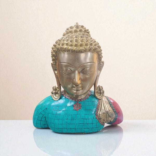 Brass Buddha Bust Idol with Turquoise & Red Stone Work for Peace & Serenity
