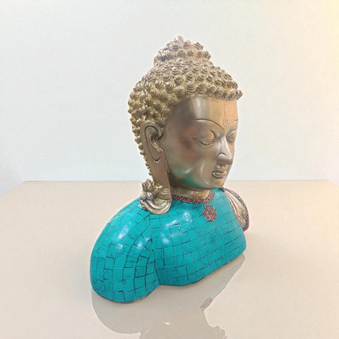 Brass Buddha Bust Idol with Turquoise & Red Stone Work for Peace & Serenity