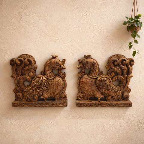 Wooden Annapakshi peacock wall art panel 12 inch decorative piece