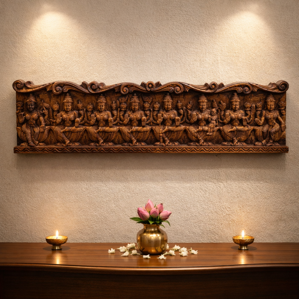 Wooden Ashta Lakshmi wall art panel for home decoration
