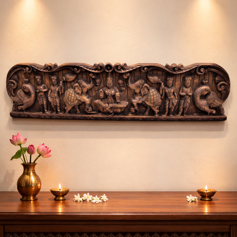 Wooden Gajalakshmi wall panel with elephant abhishek 12 inch decorative piece