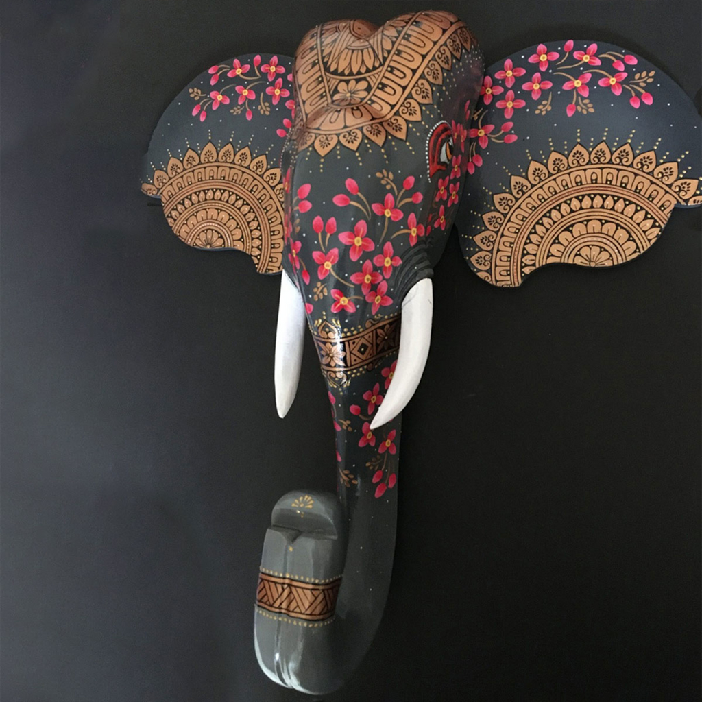 handmade elephant head , hanmadhe wooden elephant head statue , wall decor , gray elephant head , handmade grey wooden elephant head 2 feet 