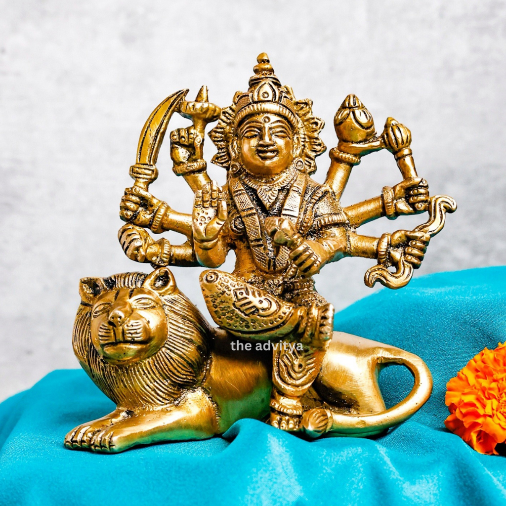 Nava Durgaa,Mahadevi,Katyayani,Mahadevi,Durga ma,Ambika,Brass Durga Idol Sitting on Lion