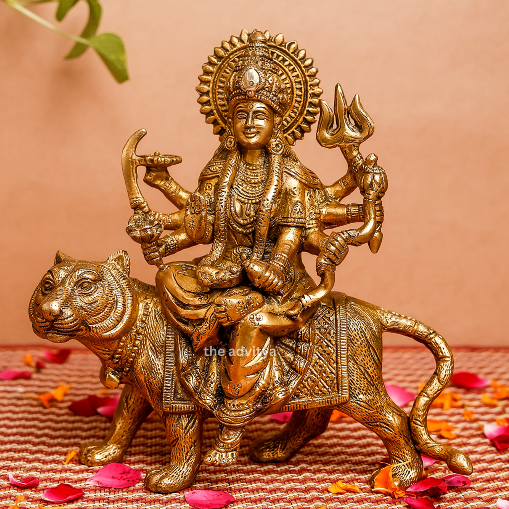 Nava Durgaa,Mahadevi,Katyayani,Mahadevi,Durga ma,Ambika,Brass Durga Idol Sitting on Lion