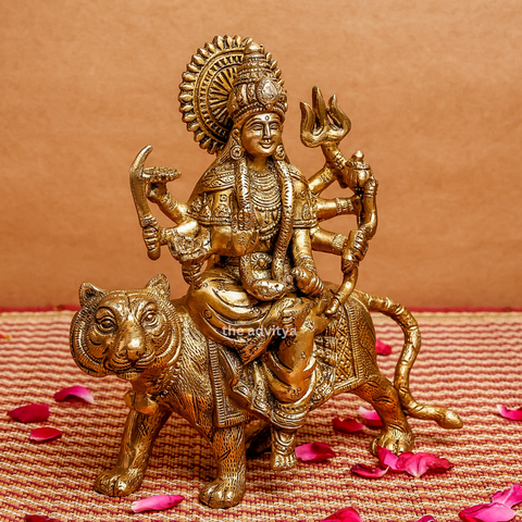 Nava Durgaa,Mahadevi,Katyayani,Mahadevi,Durga ma,Ambika,Brass Durga Idol Sitting on Lion