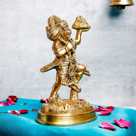 Right angle view of brass Hanuman idol with Sanjeevani mountain