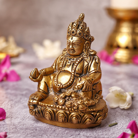 Brass Kubera Statue sitting on base left angle showing fine craftsmanship